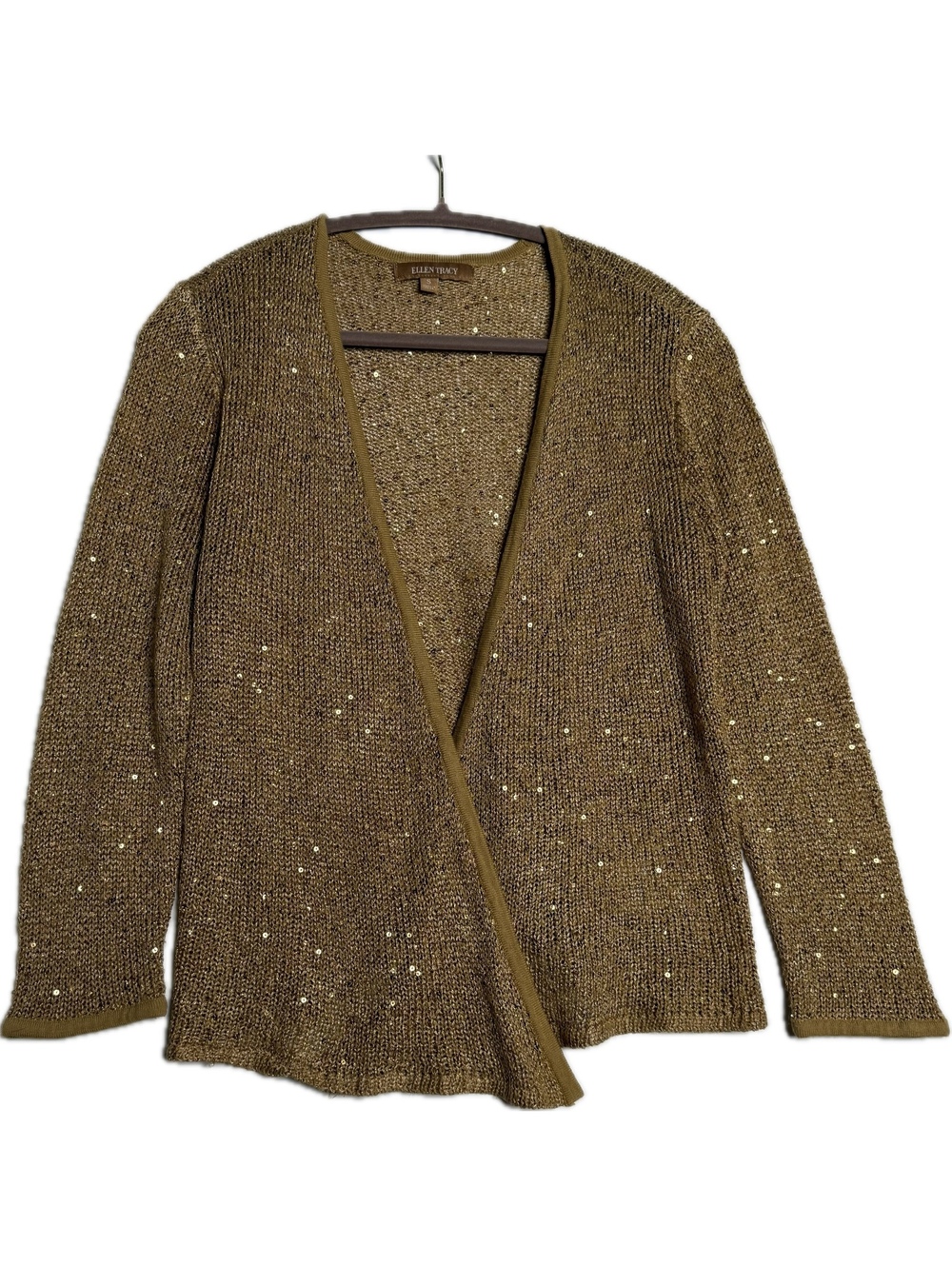 Ellen Tracy Women’s S Gold Sequin Metallic Open Front Cardigan Holiday Party